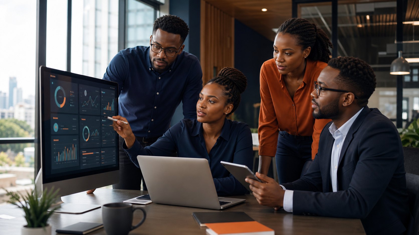 African software product professionals collaborating around digital dashboards